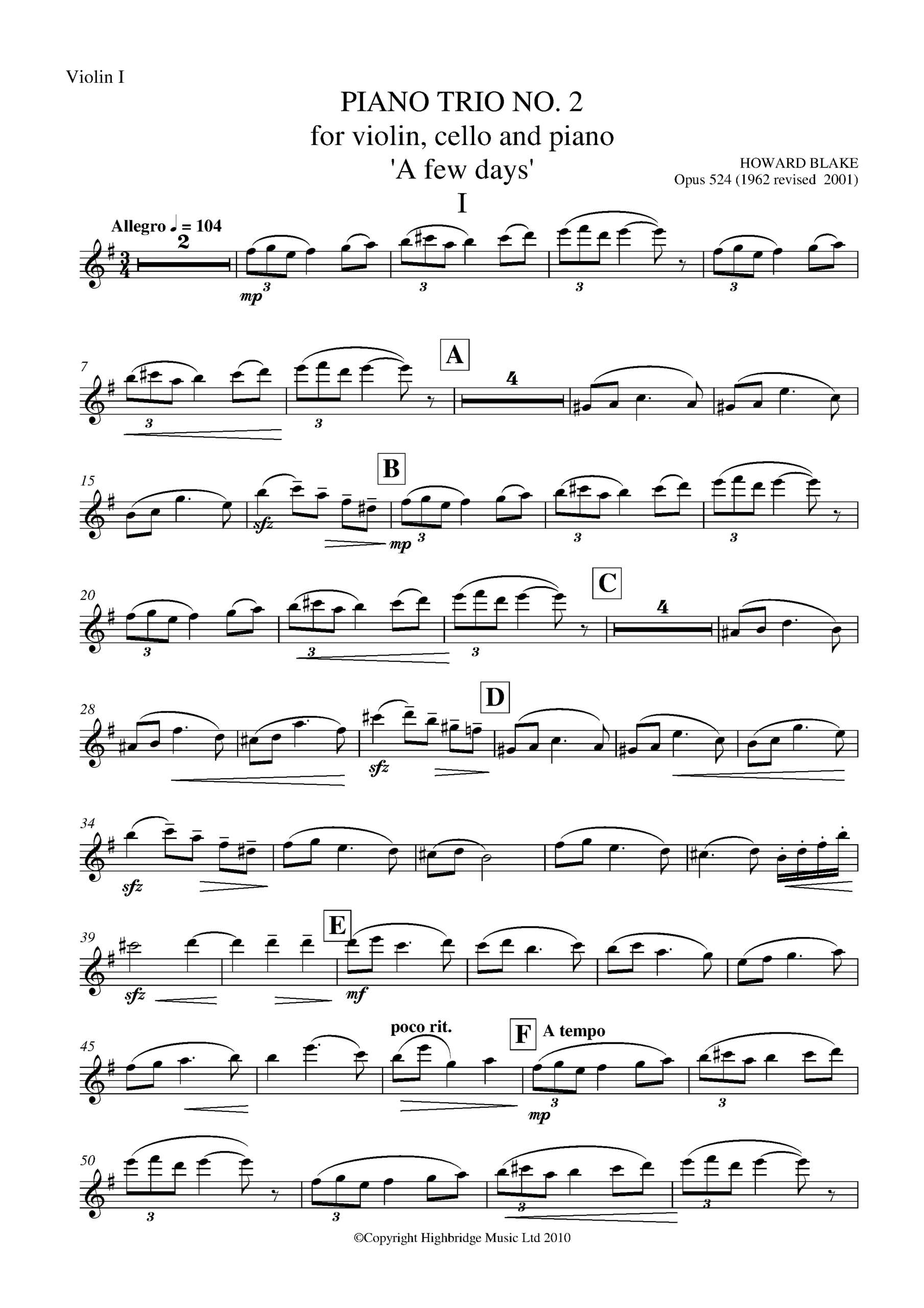 Piano Trio No.2 - 'A Few Days', op.524 - violin part