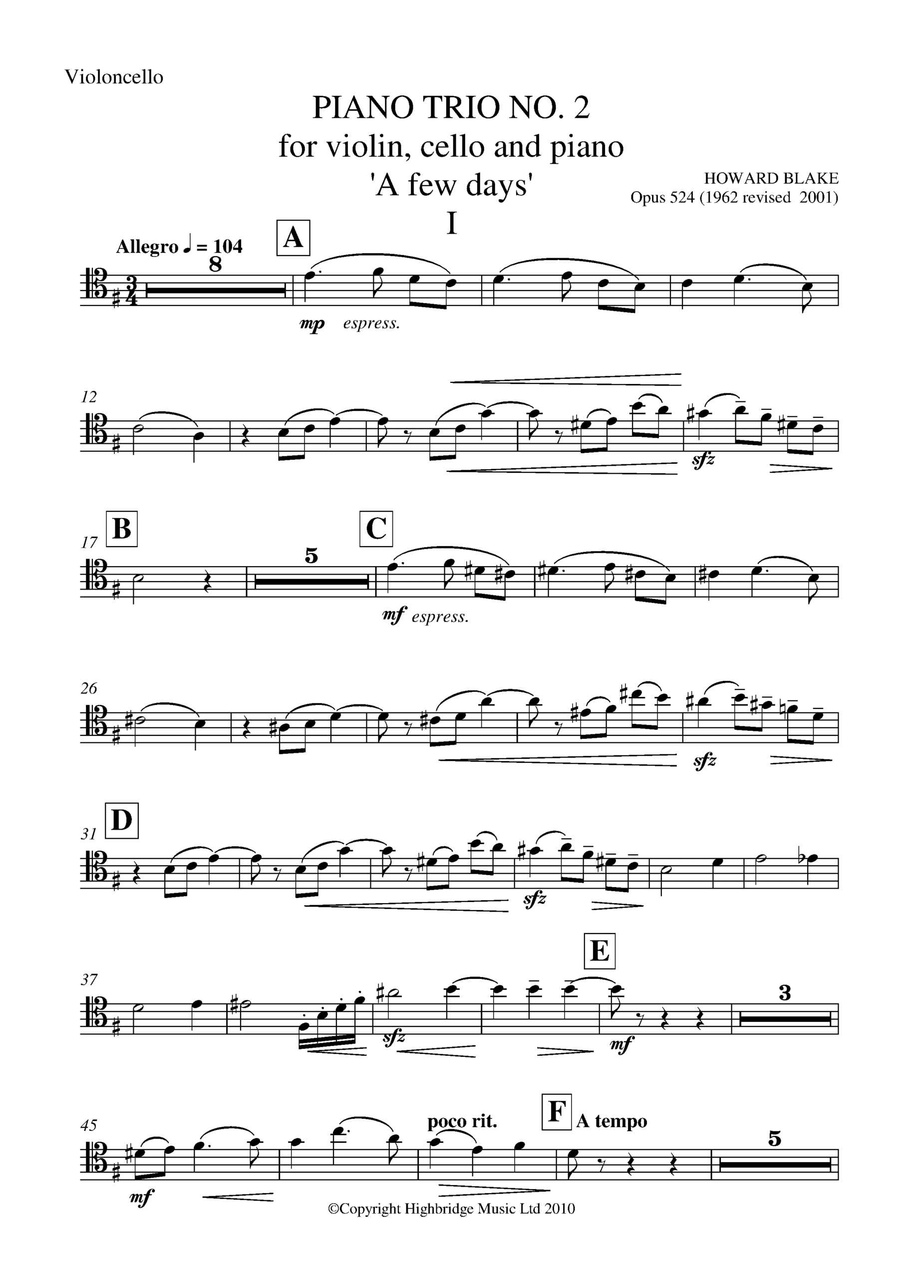 Piano Trio No.2 - 'A Few Days', op.524 - cello part