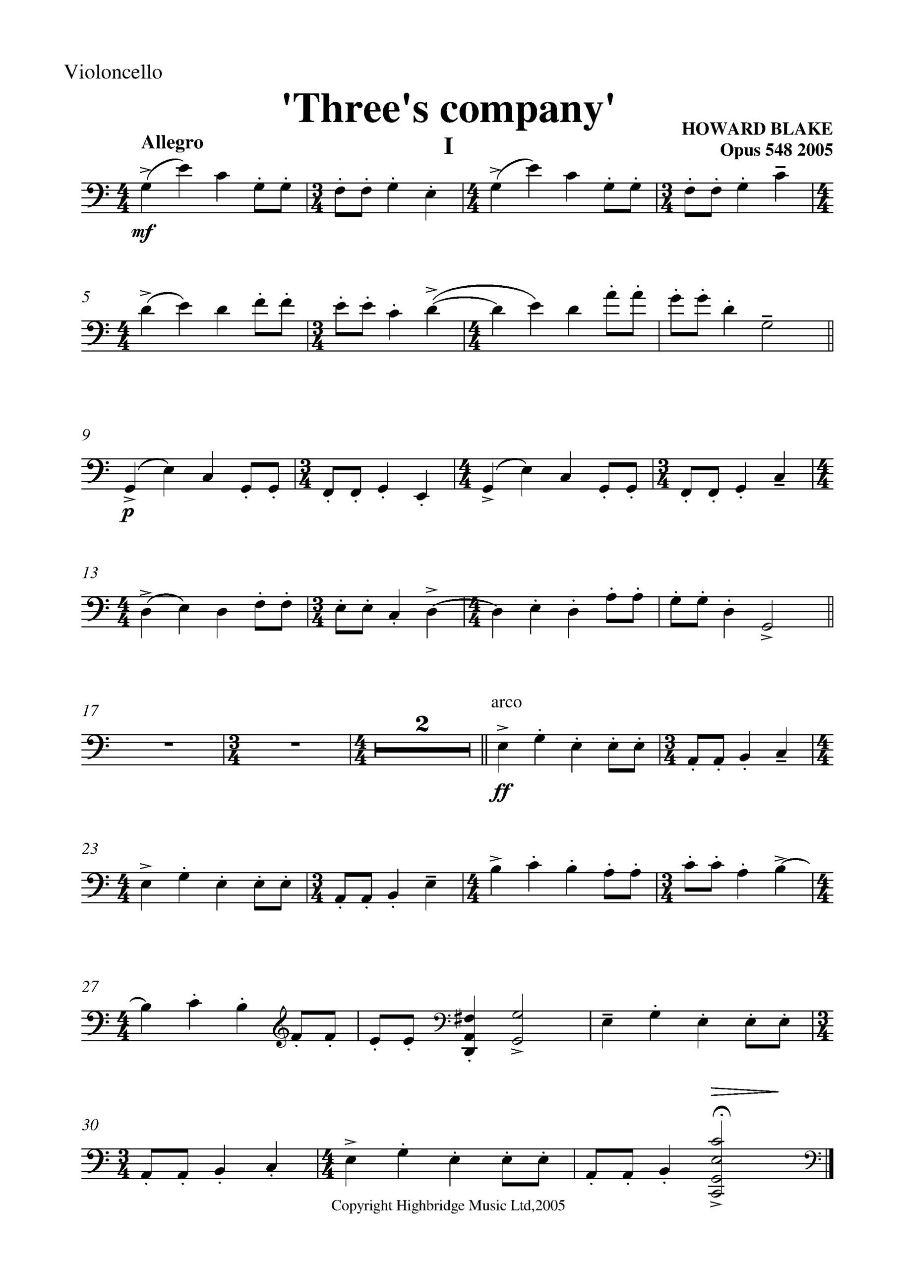 Three's Company for piano trio, op.548 - cello part