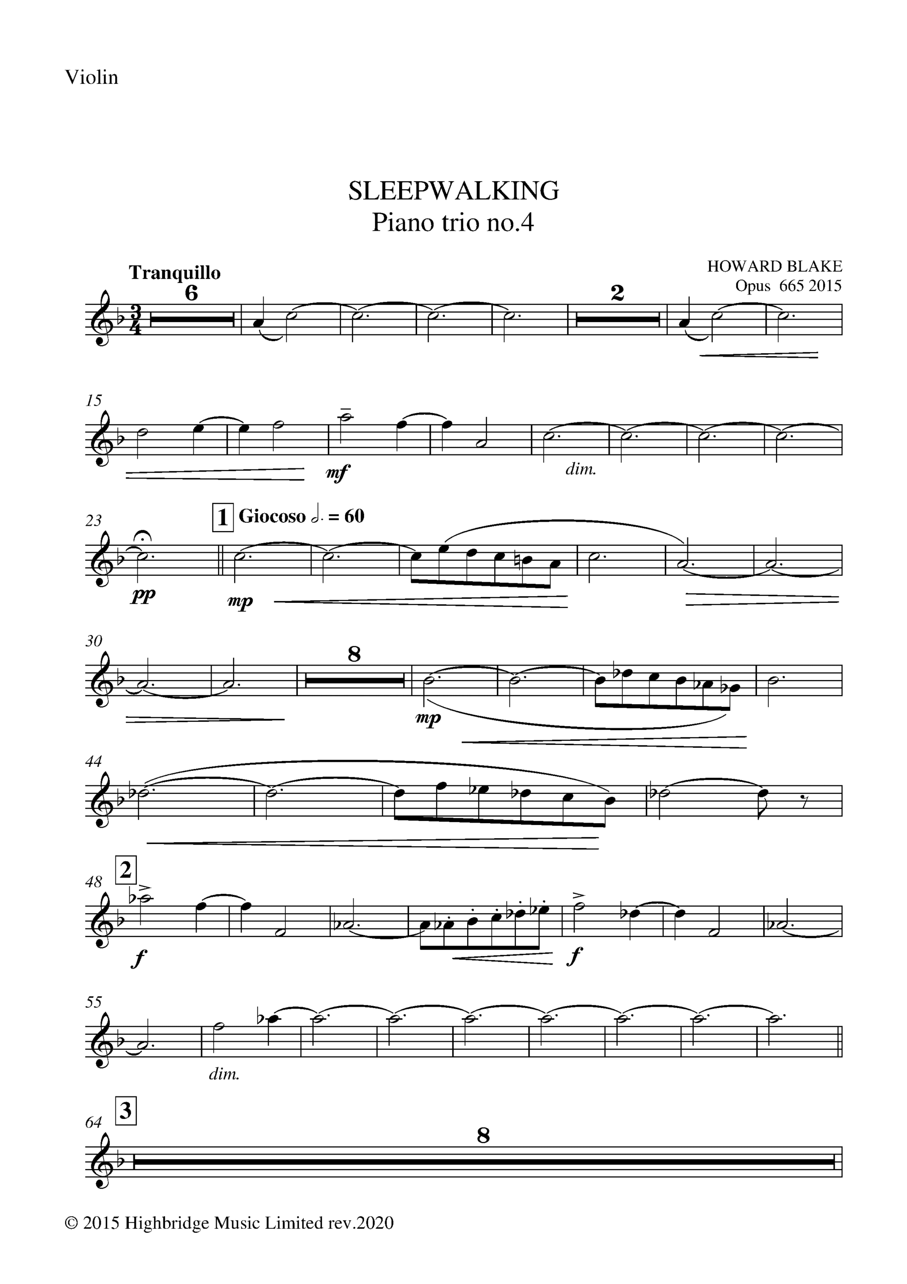 Piano Trio No.4, Sleepwalking, op.665 - violin part