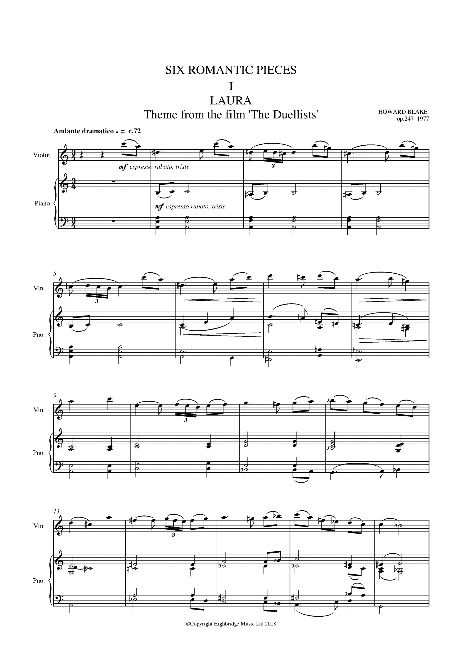 Six Romantic Pieces for violin and piano, op.407b - full score