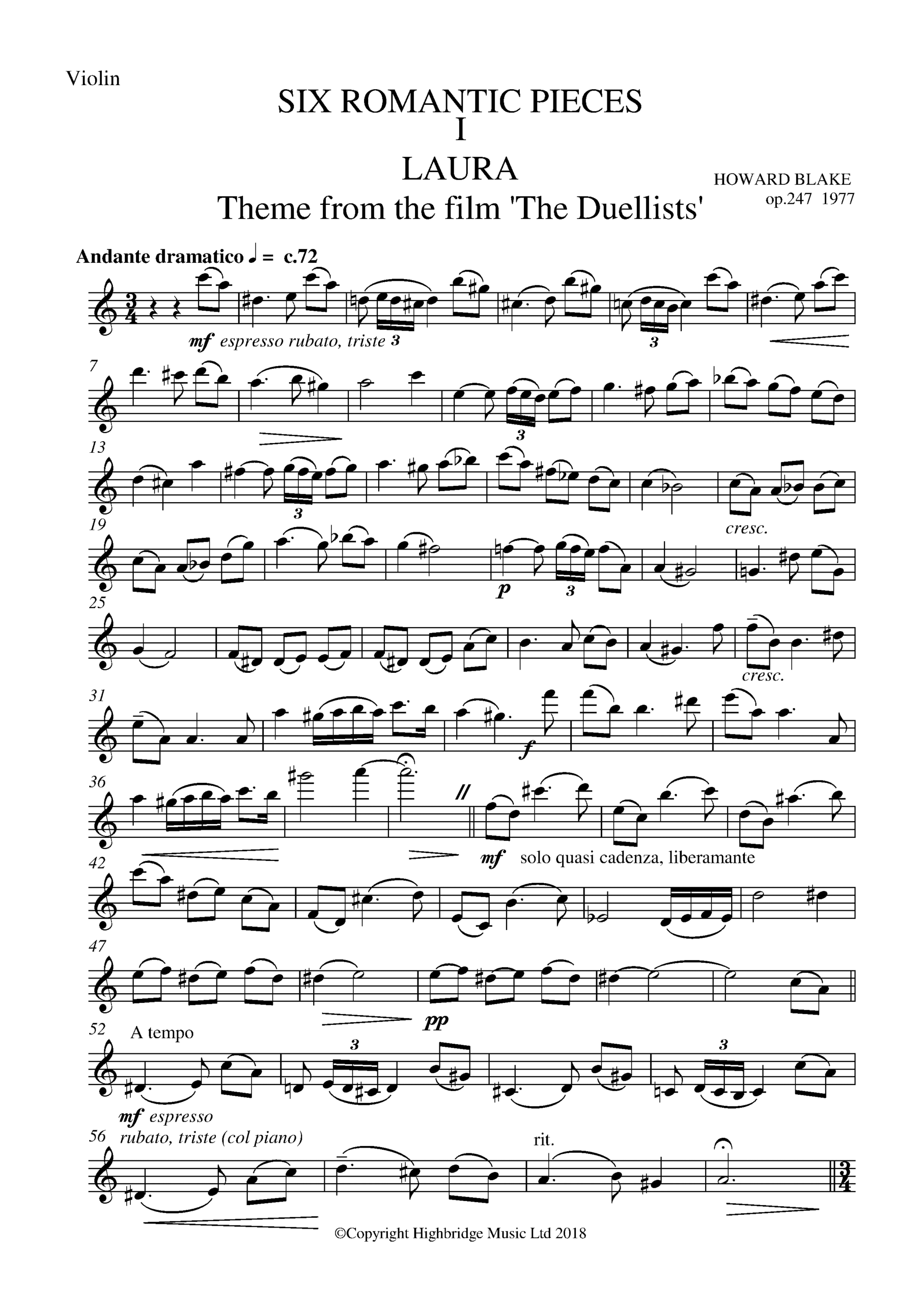 Six Romantic Pieces for violin and piano op.407b - violin part