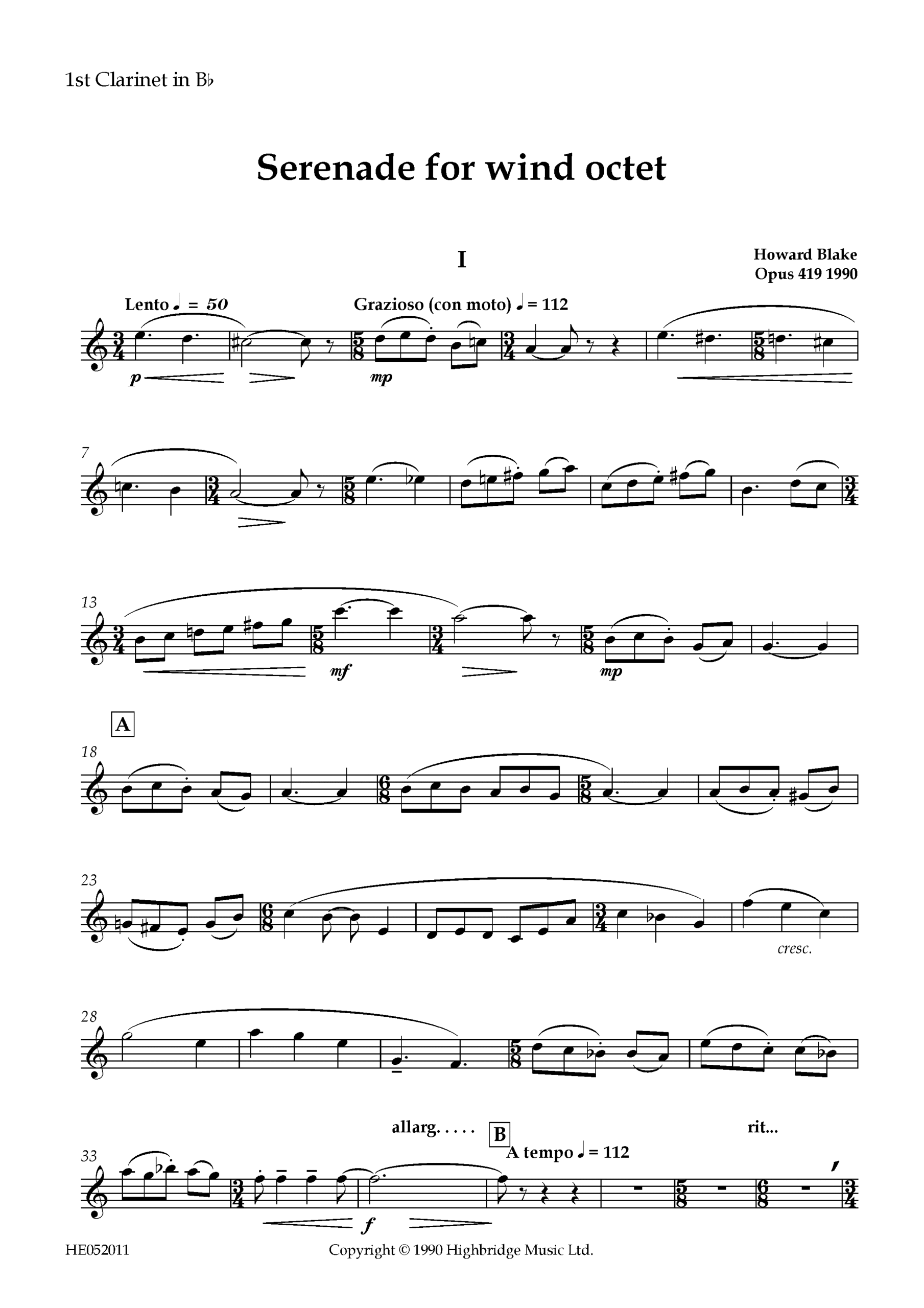 Serenade for Wind Octet, op.419 - clarinet 1 part