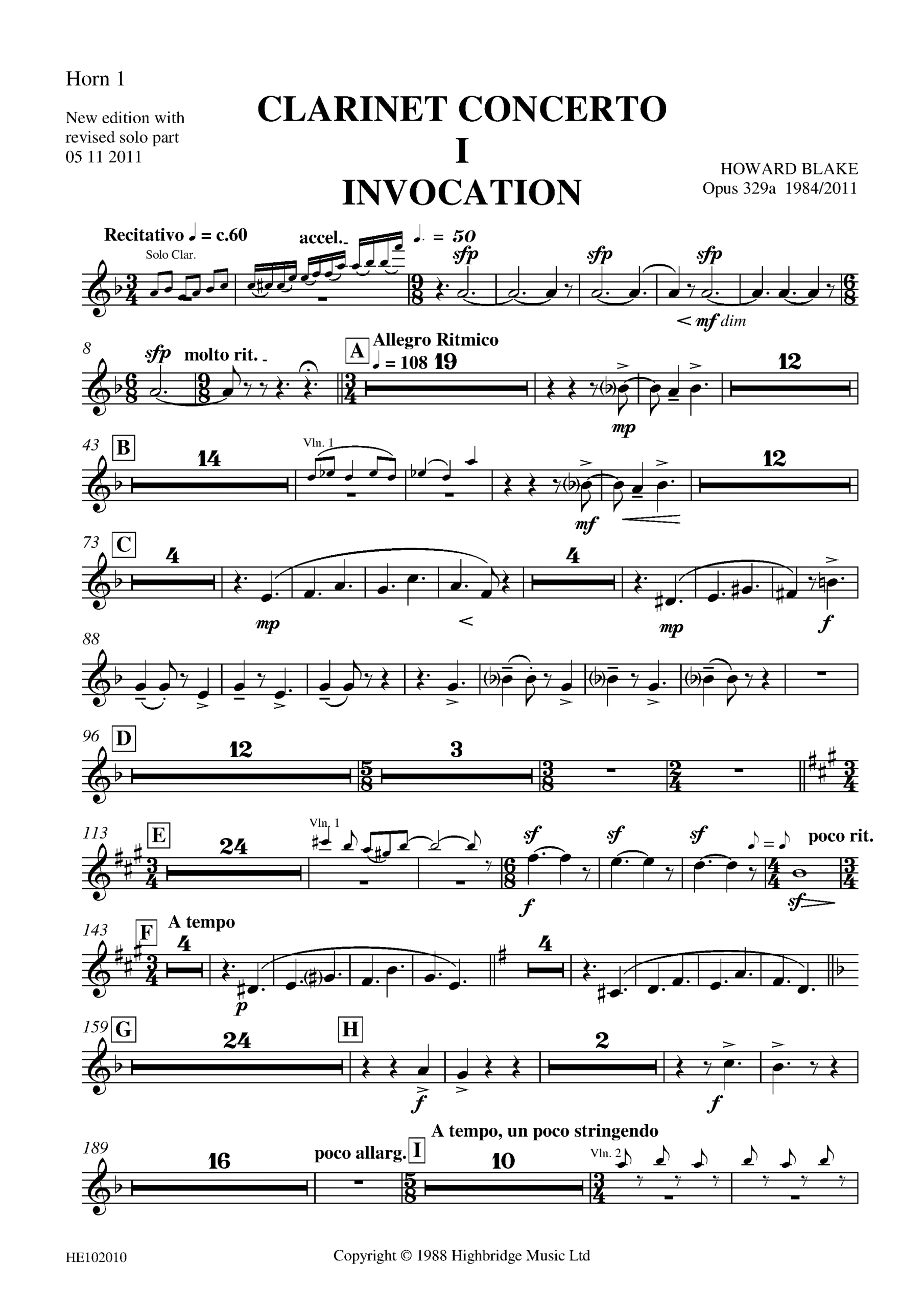 Clarinet Concerto, op.329 - horn 1 part